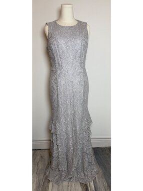 Lauren Ralph Lauren Silver Lace Sleeveless Gown with Ruffle Hem, Formal, SZ 14